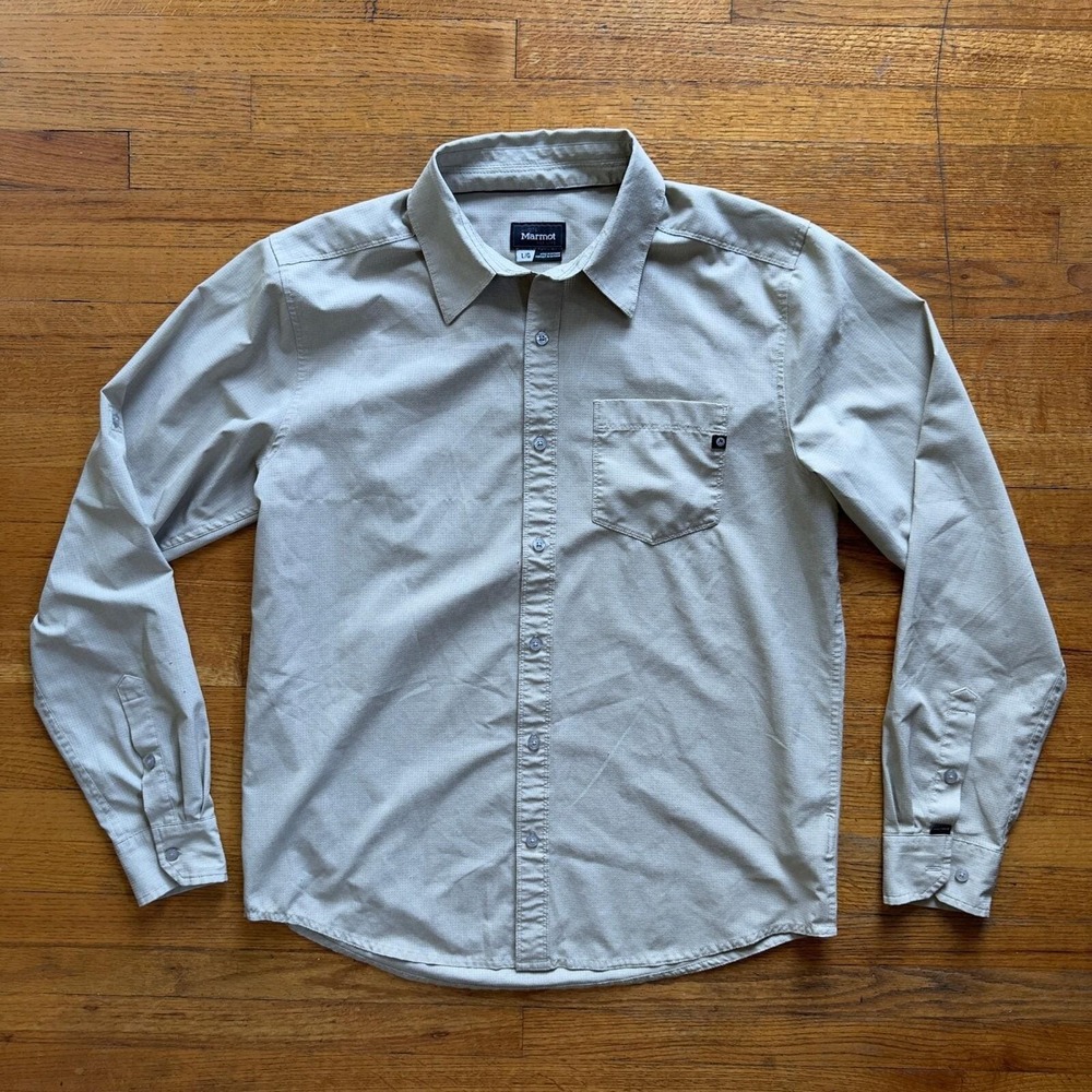 Marmot UPF Button Down Shirt LT Weight Travel Hiking Roll-up SLV Outdoors Large